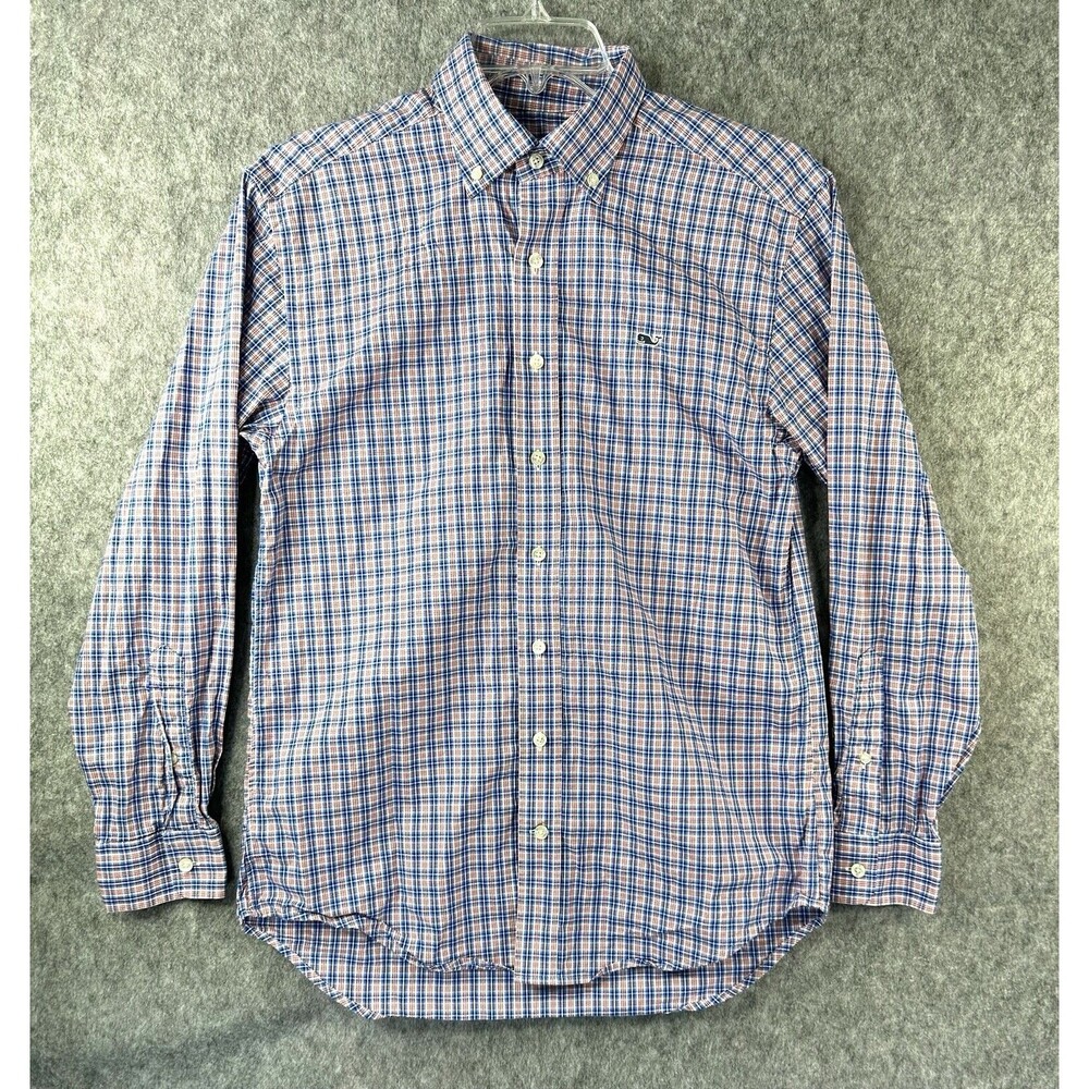 Vineyard Vines Whale Shirt Sz S Men's Long Sleeve Plaid Blue Pink 100% Cotton